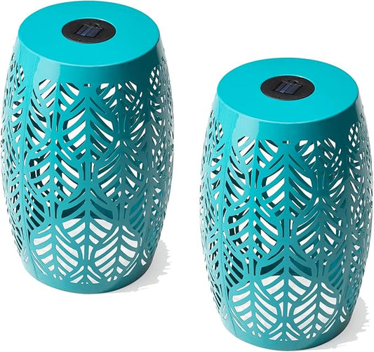 Glitzhome Set of 2 Outdoor Side Table with Leaf Pattern Solar Powered Light, 18.25" H Iron Cutout Drum Garden Stool Solar Decorative Lanterns, Metal End Table Plant Stand for Indoor Outdoor, Blue