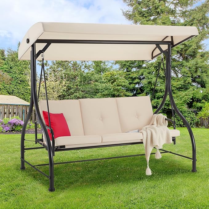 AECOJOY Porch Swing Chair, 3 Seats Porch Swing Adjustable Canopy Outdoor Swing with Stand Patio Swing Bed with - Photo 7