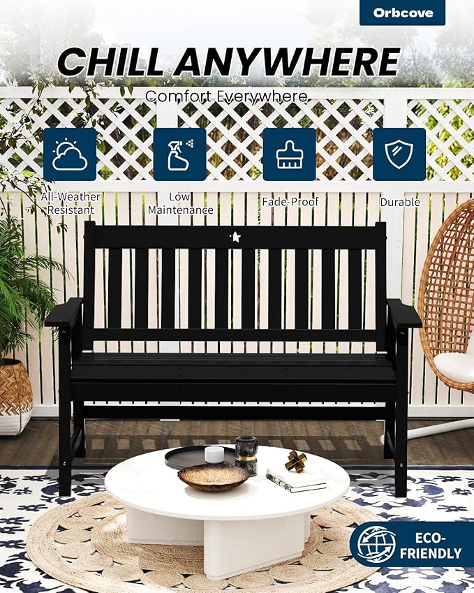 Outdoor Bench,2-Person Garden Bench,HDPE Outdoor Benches Weatherproof,Porch Bench with Backrest and Armrests for Patio,Backyard, Porch and Park,Coffee,810 Lbs Max Load Black