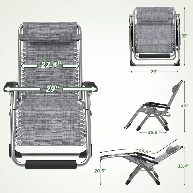 ZENPETIO 29In XL Zero Gravity Chair w/Cushion, Zero Gravity Recliner Lounge Chair for Indoor and Outdoor - Photo 3