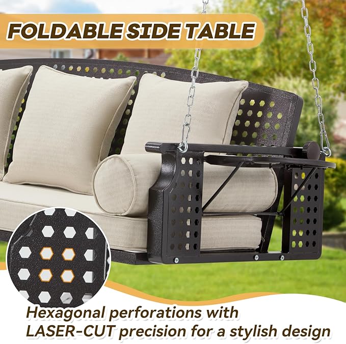 3 Seat Porch Swing, Patio Swing Bench with Cup Holders & 3 Back Cushions - Photo 5