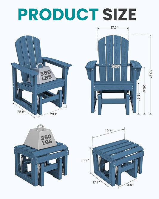 SERWALL Outdoor Glider Chair with Ottoman, HDPE Wood-Like Patio Glider Set All-Weather Porch Glider for Outside, Blue
