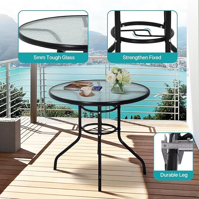 32" Round Outdoor Dining Table - Tempered Glass Top with Umbrella Hole, Weather-Resistant Metal Patio Table for Backyard, Poolside, Balcony, Garden - Black
