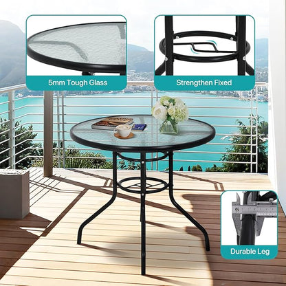 32" Round Outdoor Dining Table - Tempered Glass Top with Umbrella Hole, Weather-Resistant Metal Patio Table for Backyard, Poolside, Balcony, Garden - Black