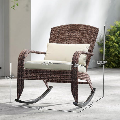 Outsunny Outdoor Wicker Adirondack Rocking Chair, Patio Rattan Rocker Chair with High Back, Seat Cushion, and Pillow for Garden, Porch, Balcony, Cream White