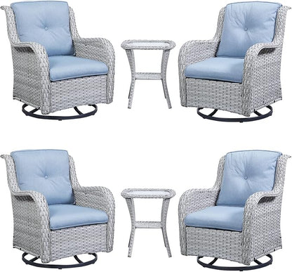 Rilyson Wicker Rocking Chair Swivel Chairs – 6 Piece Rocker Patio Furniture Set Rattan Rocking Bistro Sets with Glass Top Side Table for Outdoor Porch Deck Garden Backyard(Light Grey/Sky Blue)