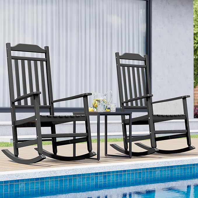 LHBcraft Front Porch Chairs Set of 2 – Oversized HDPE Outdoor Rocking Chairs for Adults, Heavy Duty All-Weather Patio Rocking Chair for Lawn Garden, Black