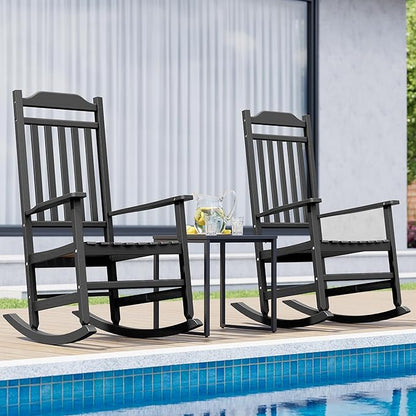 LHBcraft Front Porch Chairs Set of 2 – Oversized HDPE Outdoor Rocking Chairs for Adults, Heavy Duty All-Weather Patio Rocking Chair for Lawn Garden, Black
