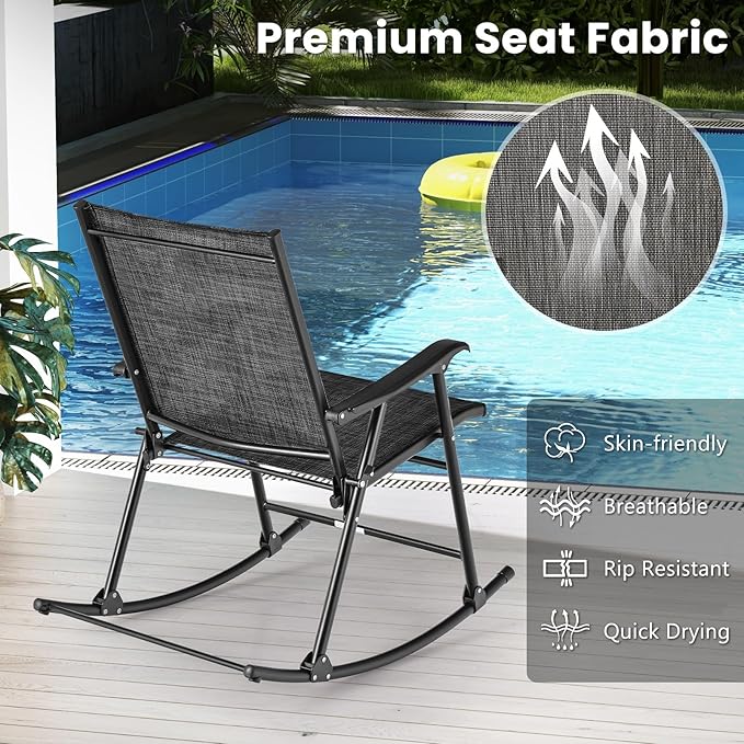 Tangkula Folding Rocking Chairs Set of 4, Patio Rockers with Breathable Seat Fabric & Sturdy Metal Frame, Smooth Rocking Motion, Heavy-Duty Outdoor Rocker for Backyard, Front Porch, Poolside