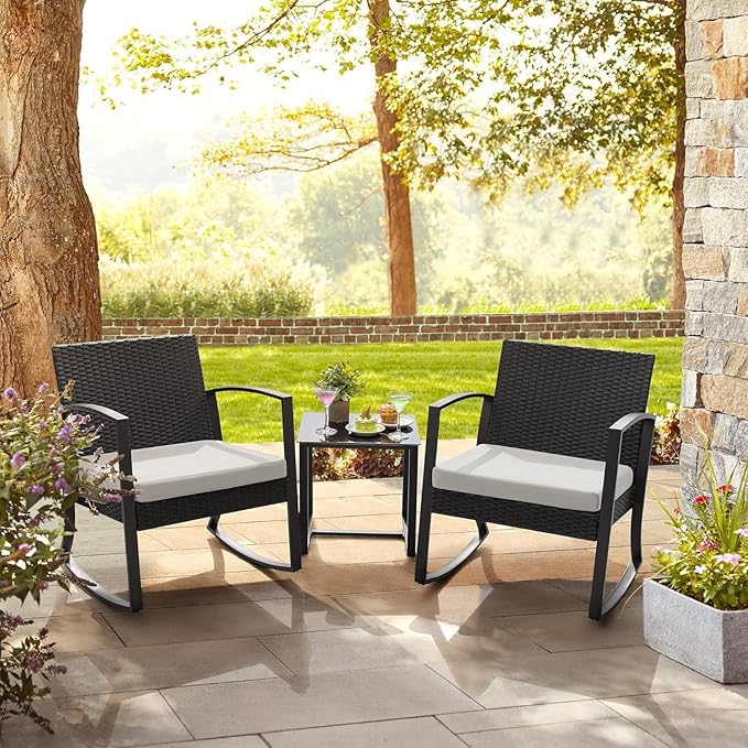 Homall Patio Furniture Set 3 Piece Resin Outdoor Bistro Set Rocking Patio Chairs with Cushions and Table for Porch, Poolside, Balcony and Yard (White)
