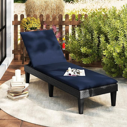HAPPYGRILL Outdoor Chaise Lounge Chair Rattan Recliner Lounger with Removable Cushion & 3-Level Adjustable Backrest, Patio Tanning Chair (Black & Navy,1)