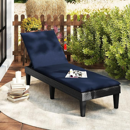 HAPPYGRILL Outdoor Chaise Lounge Chair Rattan Recliner Lounger with Removable Cushion & 3-Level Adjustable Backrest, Patio Tanning Chair (Black & Navy,1)