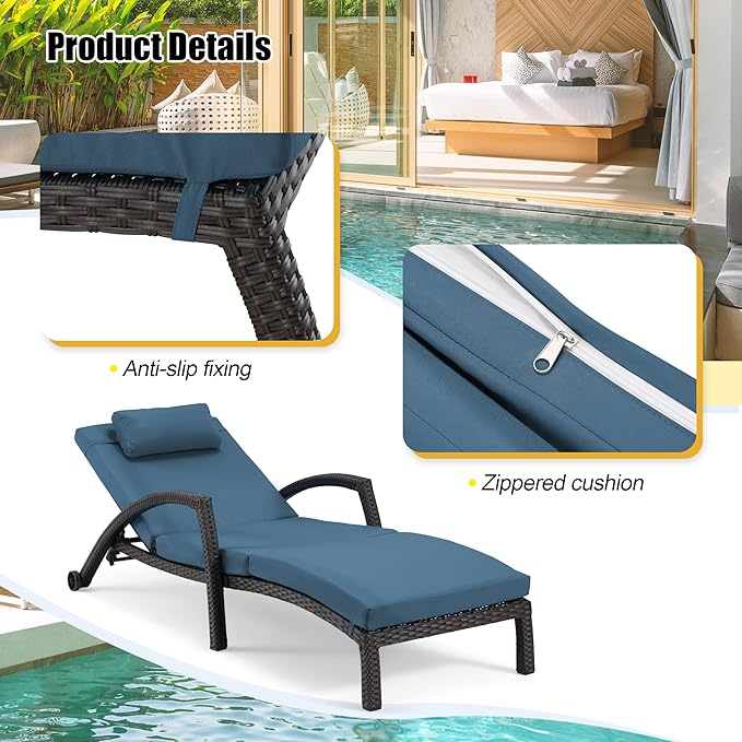 HOMREST Chaise Lounge Chairs Set of 2, PE Rattan Wicker Patio Lounge Chair with Adjustable 5 Position, Arm and Wheels for Poolside Backyard Deck Porch,Dark Blue
