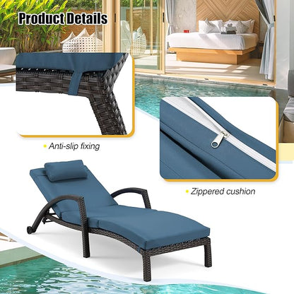 HOMREST Chaise Lounge Chairs Set of 2, PE Rattan Wicker Patio Lounge Chair with Adjustable 5 Position, Arm and Wheels for Poolside Backyard Deck Porch,Dark Blue