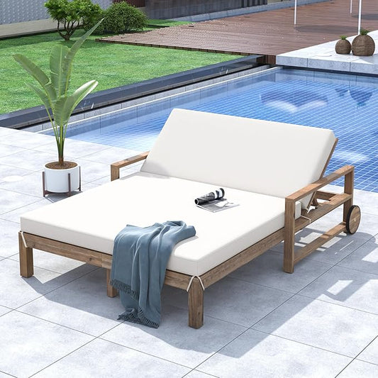 Acacia Wood Outdoor Patio Daybed Sunbed with Movable Wheels, All Weather Chaise Lounges Reclining with Adjustable Backrest for 2 People (Beige-C2)