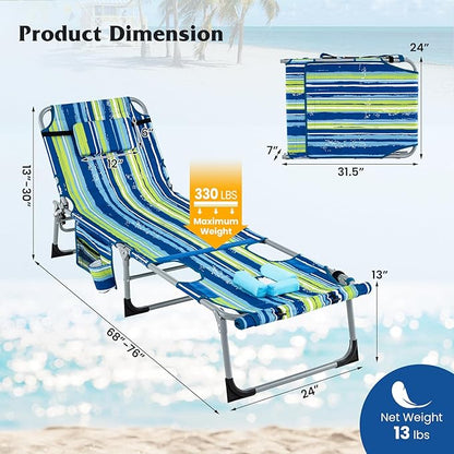 GYMAX Tanning Chair, 330LBS Beach Lounge w/Face Arm Hole & Hand Shoulder Strap, Folding Layout Sunbathing Chair, Face Down Outdoor Chaise Lounger for Patio, Poolside, Backyard (1, Blue Stripe)