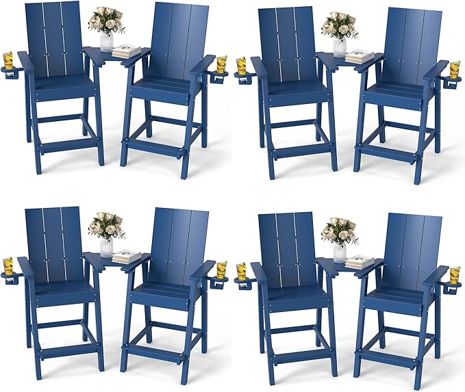 FOOWIN Tall Adirondack Chairs Set of 8,HDPE Adirondack Bar Stools with Connecting Tray & Cup Holders,Weather Resistant Balcony Chair for Outdoor Deck Lawn Pool Backyard Navy Blue