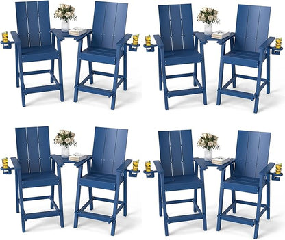 FOOWIN Tall Adirondack Chairs Set of 8,HDPE Adirondack Bar Stools with Connecting Tray & Cup Holders,Weather Resistant Balcony Chair for Outdoor Deck Lawn Pool Backyard Navy Blue