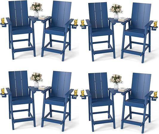 FOOWIN Tall Adirondack Chairs Set of 8,HDPE Adirondack Bar Stools with Connecting Tray & Cup Holders,Weather Resistant Balcony Chair for Outdoor Deck Lawn Pool Backyard Navy Blue