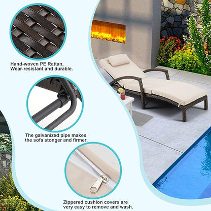 HOMREST Chaise Lounge Chairs Set of 2 for Outside, Adjustable 5 Position Outdoor PE Rattan Wicker Patio Pool Lounge Chair with Arm, Cushion, Pillow and Wheels for Poolside Backyard Deck Porch,Khaki