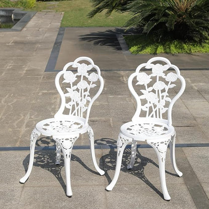 KAILI Rose Garden Cast Aluminum Bistro Chairs, Decorative Outdoor Patio Seating, Set of 2, White and Black (Rose Chair White)