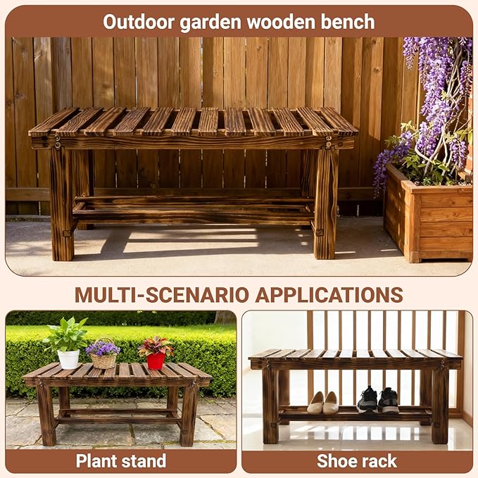 35.5" Outdoor Garden Bench, Weatherproof 2-Person Backless Wooden Bench with Mortise-Tenon Structure – for Garden, Lawn - Photo 5