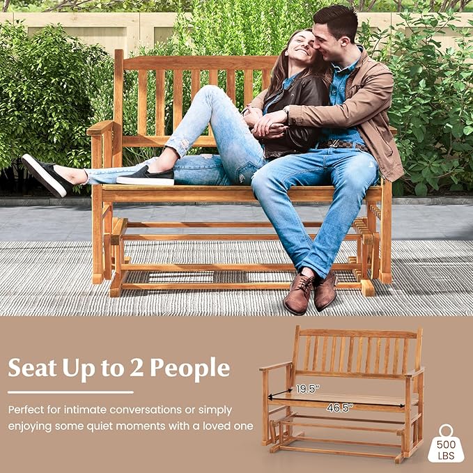 Tangkula 2 Person Outdoor Glider Bench, Poplar Wood Patio Swing Glider Loveseat with Armrests, Slatted Seat & Backrest - Photo 7