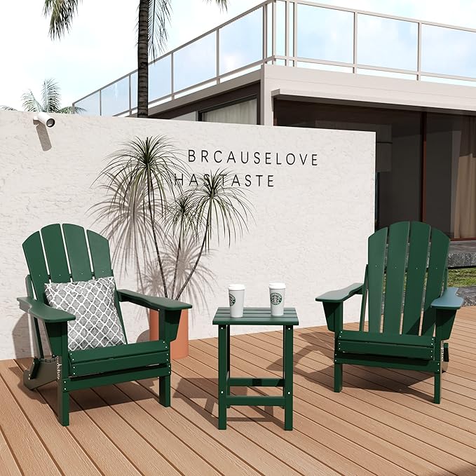 WO WESTIN OUTDOOR HDPE Laguna 3PC Outdoor Poly Adirondack Chair Set with Side Table, Dark Green