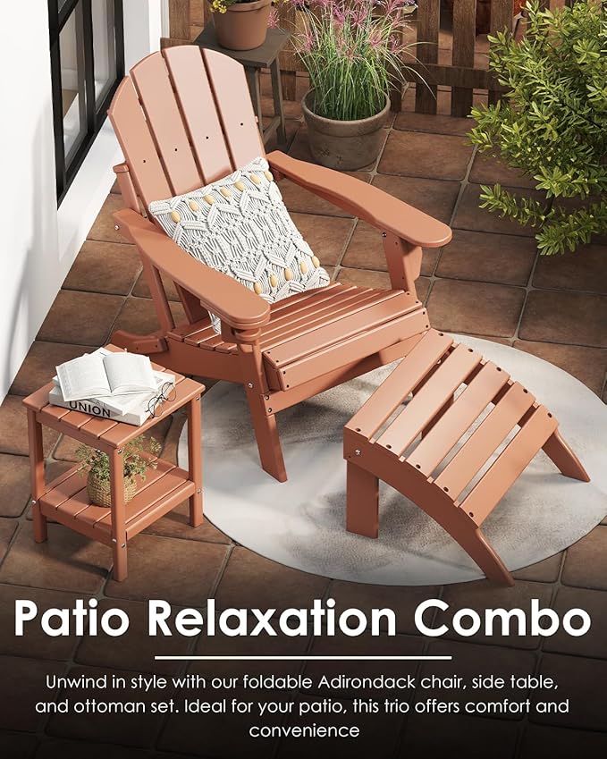 GREENVINES Folding-Adirondack-Chairs-Set-of-4 | HDPE Plastic | Fire Pit Chair | All Weather | Cup Holder | Teak | for Deck Backyard Patio Outdoor Garden