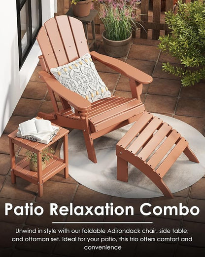 GREENVINES Folding-Adirondack-Chairs-Set-of-2 | HDPE Plastic | Fire Pit Chair | All Weather | Cup Holder | Teak | for Deck Backyard Patio Outdoor Garden