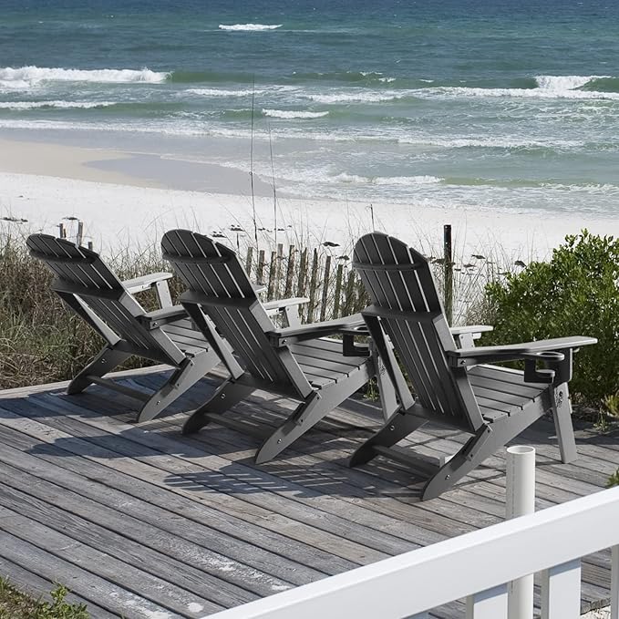 FUNBERRY Folding Adirondack Chairs Set of 4 with Adjustable Backrest, HDPE All Weather Fire Pit Chairs with Cup Holder