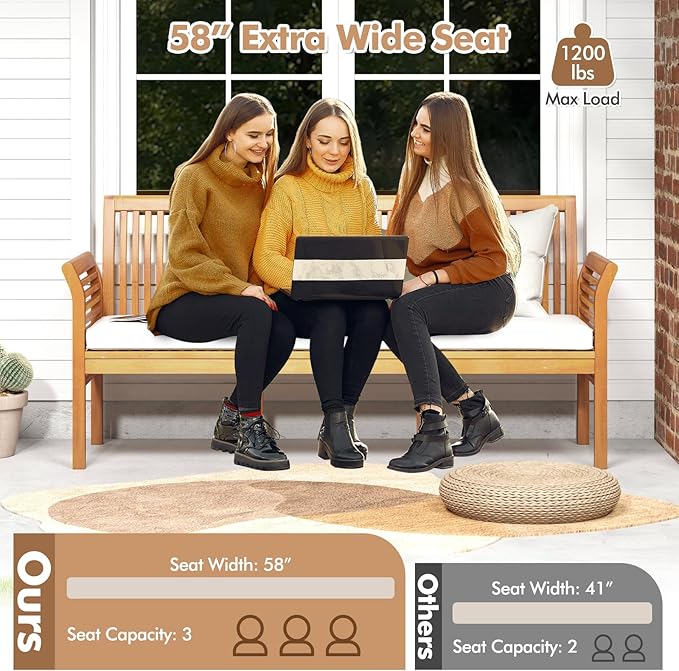 Tangkula 3-Seat Patio Acacia Wood Bench with Cushion - Photo 9
