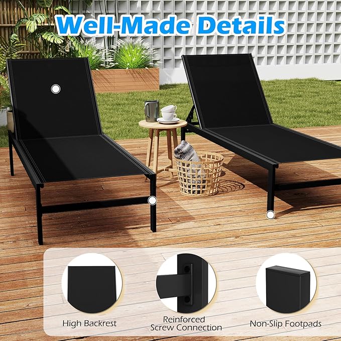 HAPPYGRILL Aluminum Chaise Lounge Chair, Heavy-Duty Patio Recliner W/ 6-Level Backrest & Breathable Fabric - Photo 6