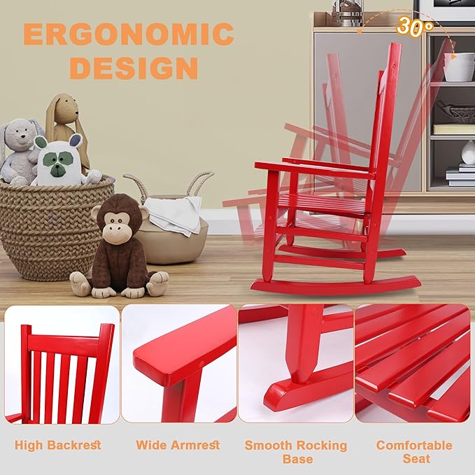 Kids Rocking Chair for Toddler and Children Comfy Recliner Wooden Rocker for Baby Girls Outdoor Lounge for Age 6-10 Indoor Anti-Tip Design Safe & Sturdy Red