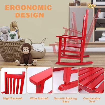 Kids Rocking Chair Set of 2 for Toddlers and Children Comfy Wooden Recliner Rocker for Baby Girls Outdoor Lounge Chair for Kids Age 6-10 Indoor Red