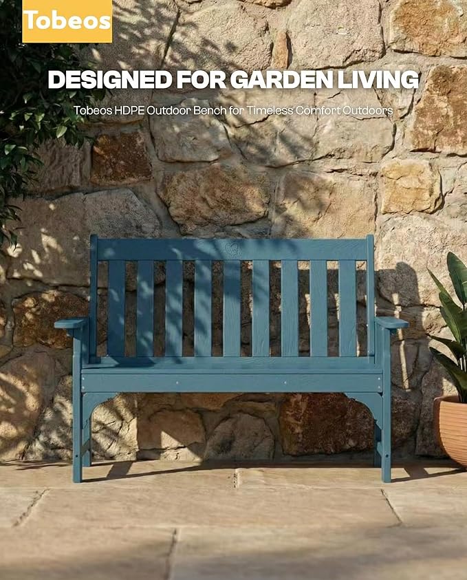 2-Person Outdoor Garden Bench, HDPE All-Weather Patio Bench with Backrest & Armrests, Heavy Duty Outdoor Seating for Porch, Backyard & Park, 660 lbs (Navy Blue, 2 Benches)