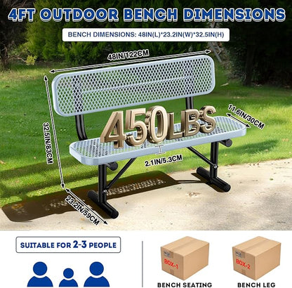 4 Feet Heavy Duty Park Bench with Back Portable Frame, Outdoor Steel Bench with Backrest, Expanded Metal Mesh Bench for Lawn, Park, Deck, Garden, Patio, Porch, Grey