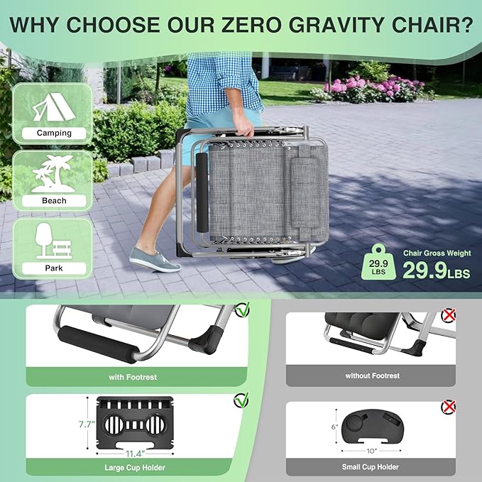 Suteck Oversized Zero Gravity Chair, 29In XL Outdoor Recliner Chair w/Removable Cushion&Headrest - Photo 5