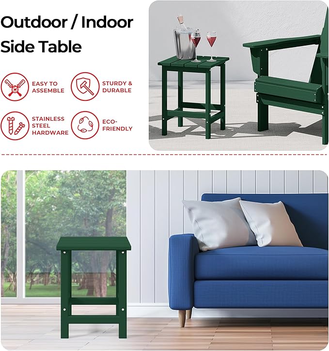 Costaelm Square Outdoor Side Tables, Adirondack Patio Tables for Outside, HDPE Patio End Table Weather Resistant, Balcony Table for Pool, Seaside, Backyard, Porch, Indoor Companion, Dark Green
