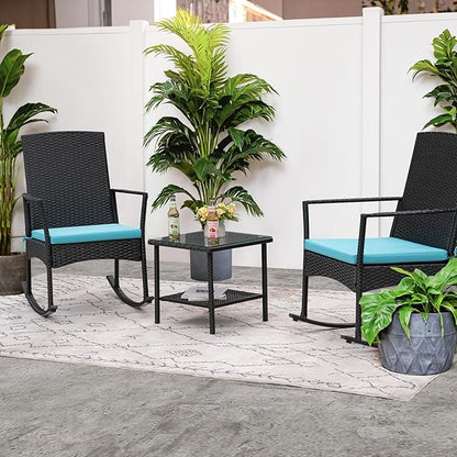 Flamaker Rocking Chair Outdoor PE Rattan Patio Chairs with Glass Table High Back Porch Rocker for Balcony, Garden, Backyard (Blue)