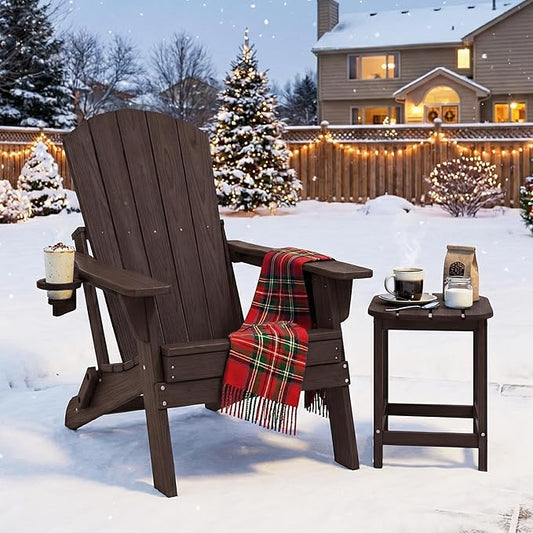 Folding Adirondack Chair with Cup Holder, HDPE All Weather Resistant Plastic Outdoor Patio Chairs, Heavy Duty Fire Pit Seating for Backyard Lawn Garden, Wooden Textured Design(Coffee)