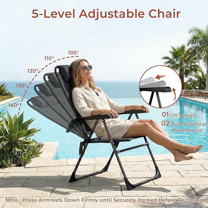 TLSUNNY Folding Patio Chairs Set of 4, Outdoor Lawn Chair w/ 5 Level Adjustable Teslin Back, Removable Headrest - Photo 5