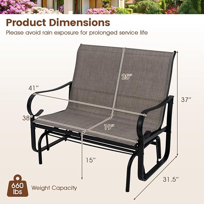 Giantex 2-Person Outdoor Glider Bench with High Backrest, Mesh Fabric, Metal Frame, 660Lbs Capacity, Rocking Chair, Swing Loveseat, Patio Glider for Garden, Poolside, Yard (31.5"x41"x37",Mix Brown)