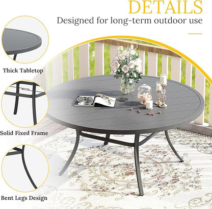 VICLLAX 63" Outdoor Round Patio Table with Umbrella Hole, All Weather Metal Round Outdoor Dining Table for Lawn Garden, 8-10 Person Table, Grey