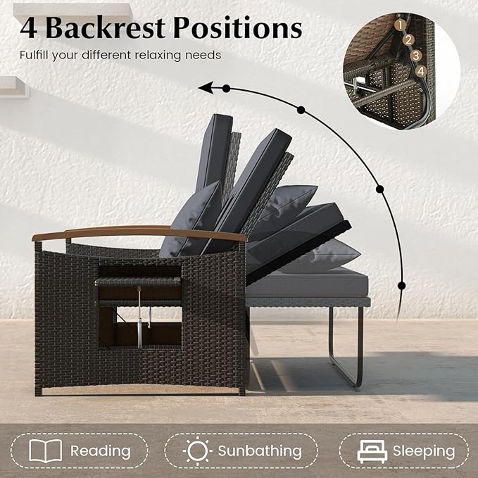 LDAILY Moccha Outdoor Wicker Daybed, Patio Rattan Loveseat Sofa w/ 4-Level Adjustable Backrest, Folding Panels, Storage Ottoman & Cushions, Lounge Furniture Set for Poolside Backyard Porch (Grey)