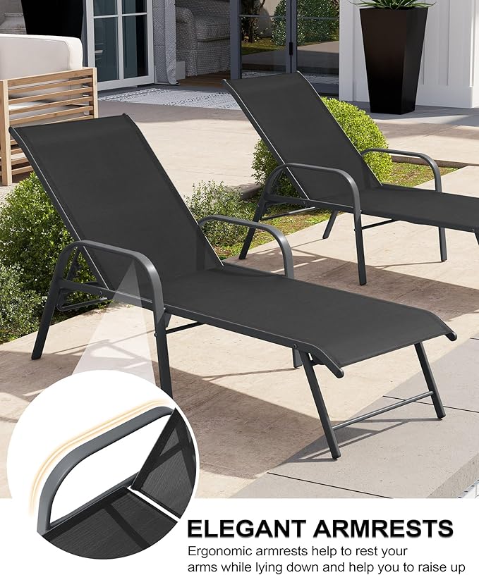 Crestlive Products Chaise Lounge Chair Outdoor with Armrests, Pool Lounge Chairs Set of 2, Aluminum Adjustable 5 Positions Sun Tanning Lounger for Patio, Poolside, Yard, Deck, Backyard (Black)
