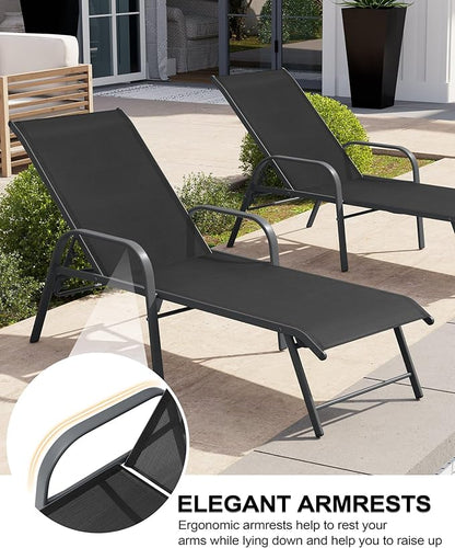 Crestlive Products Chaise Lounge Chair Outdoor with Armrests, Pool Lounge Chairs Set of 2, Aluminum Adjustable 5 Positions Sun Tanning Lounger for Patio, Poolside, Yard, Deck, Backyard (Black)