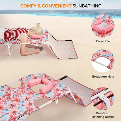 VINGLI Tanning Chair, Beach Lounge Chair with Face Hole, Lounge Chair Outdoor, Height-Adjustable Tanning Lounger, Anti-Tip Design, Carrying Bag, 475lbs, Flower