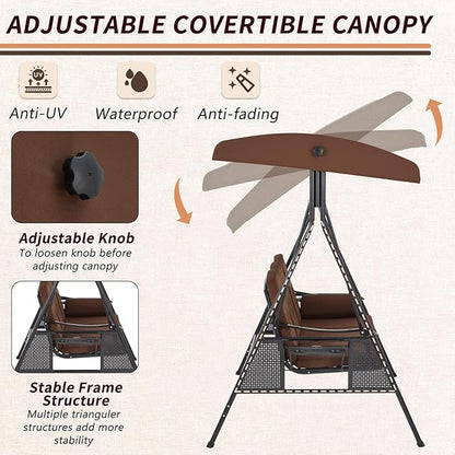 AECOJOY Outdoor Porch Swing with Cover, 3-Seat Patio Swings with Adjustable Canopy, Outside Swing for Adult with Brown Removable Cushions for Backyard, Garden, Yard, Poolside, Balcony