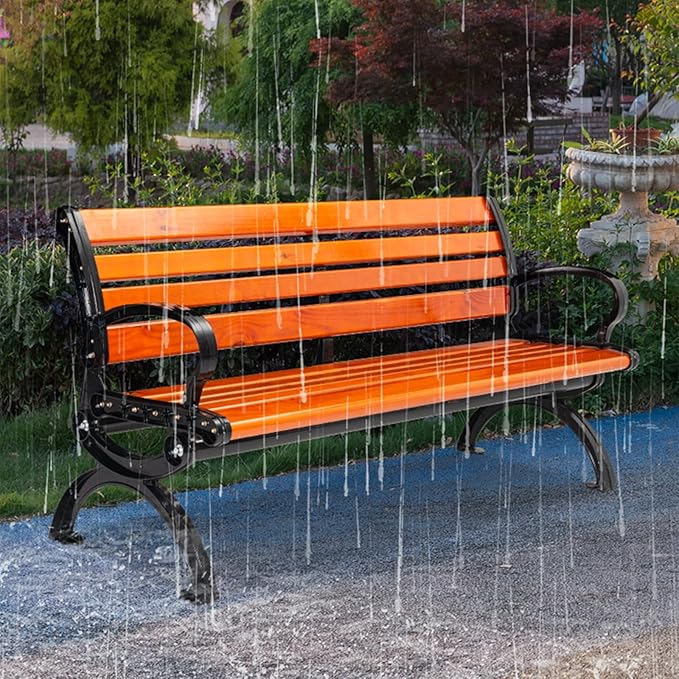 Outdoor Benches with Backrest and Armrests,Patio Garden Bench Park Porch Chair,Park Bench,Metal and Wood Benches,Porch Bench for Backyard, Deck, Lawn, Outside Pool(59in/150cm)
